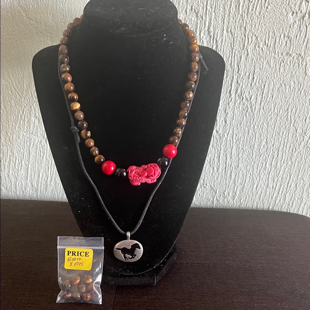 #0957**HandCraft’s Necklace Tiger Eyes Beads & Red Dragon pendant/Horse Pendant